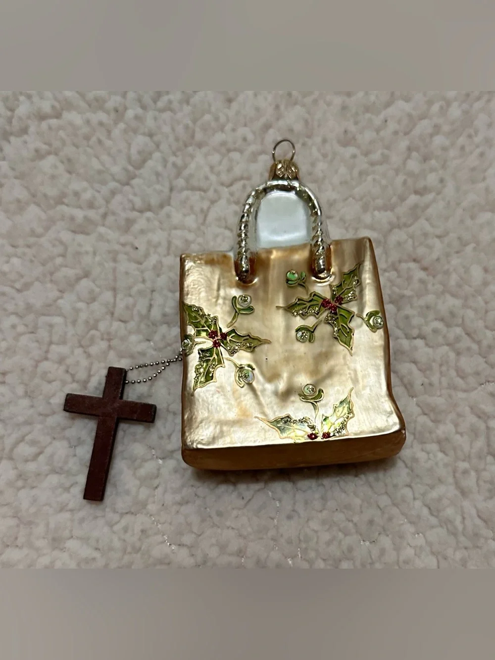 Elegant Gold Holiday Tote Ornament Green Holly Accents and Wooden Cross